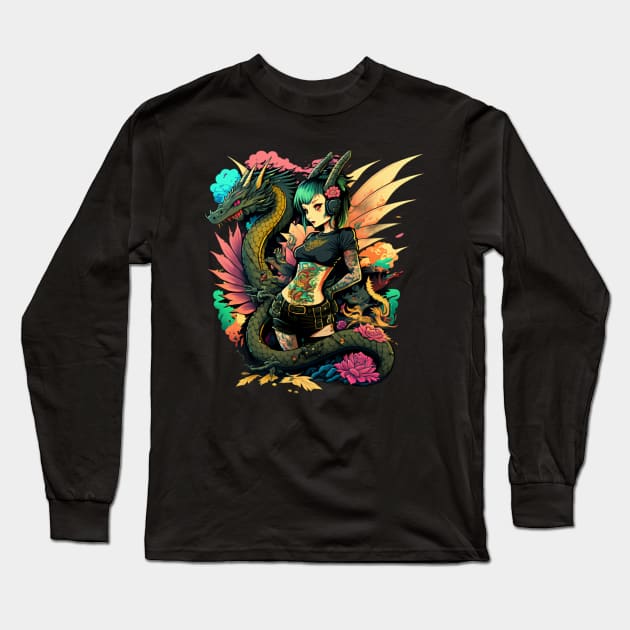 Retro Tattoo Cute Dragon Girl Long Sleeve T-Shirt by Dragon Cove